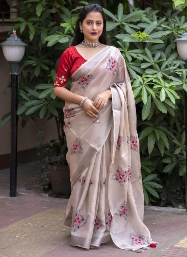 Linen Biege Festival Wear Weaving Saree